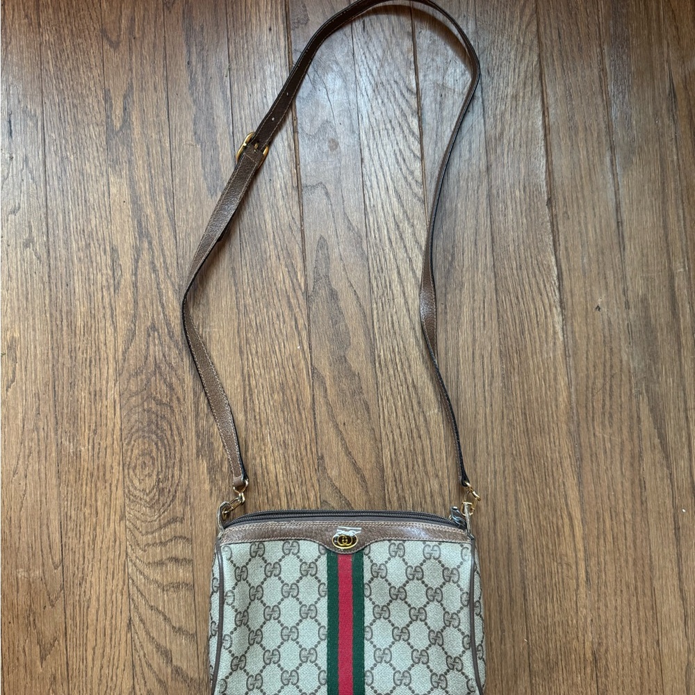 Gucci Beige and Brown Crossbody Bag with Green and Red Stripe